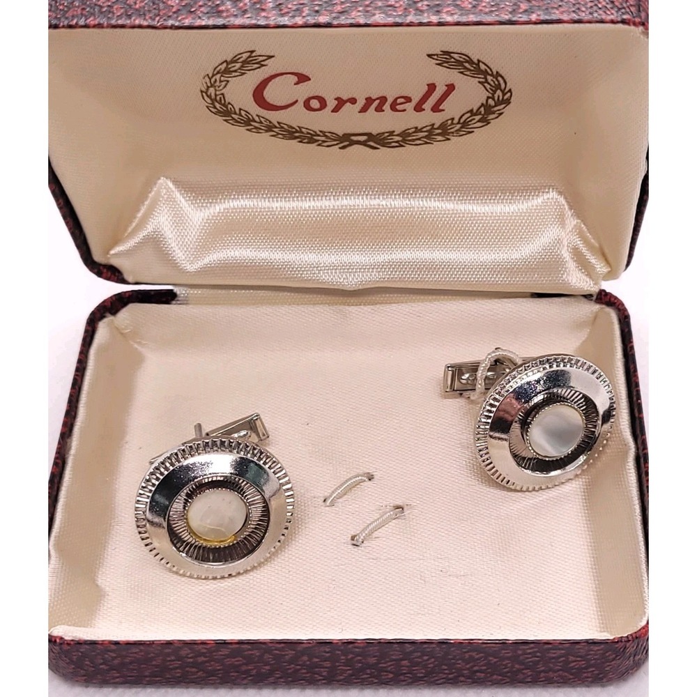 Vintage Cornell Boxed Cufflinks Mother of Pearl Silver Tone Mid Century Men's